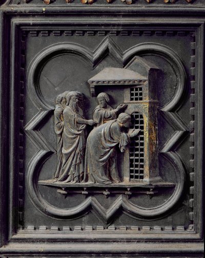 Die Jünger besuchen Johannes den Täufer, dreizehntes Panel der Südportale des Baptisteriums von San Giovanni, 1336 (Bronze) von Andrea Pisano